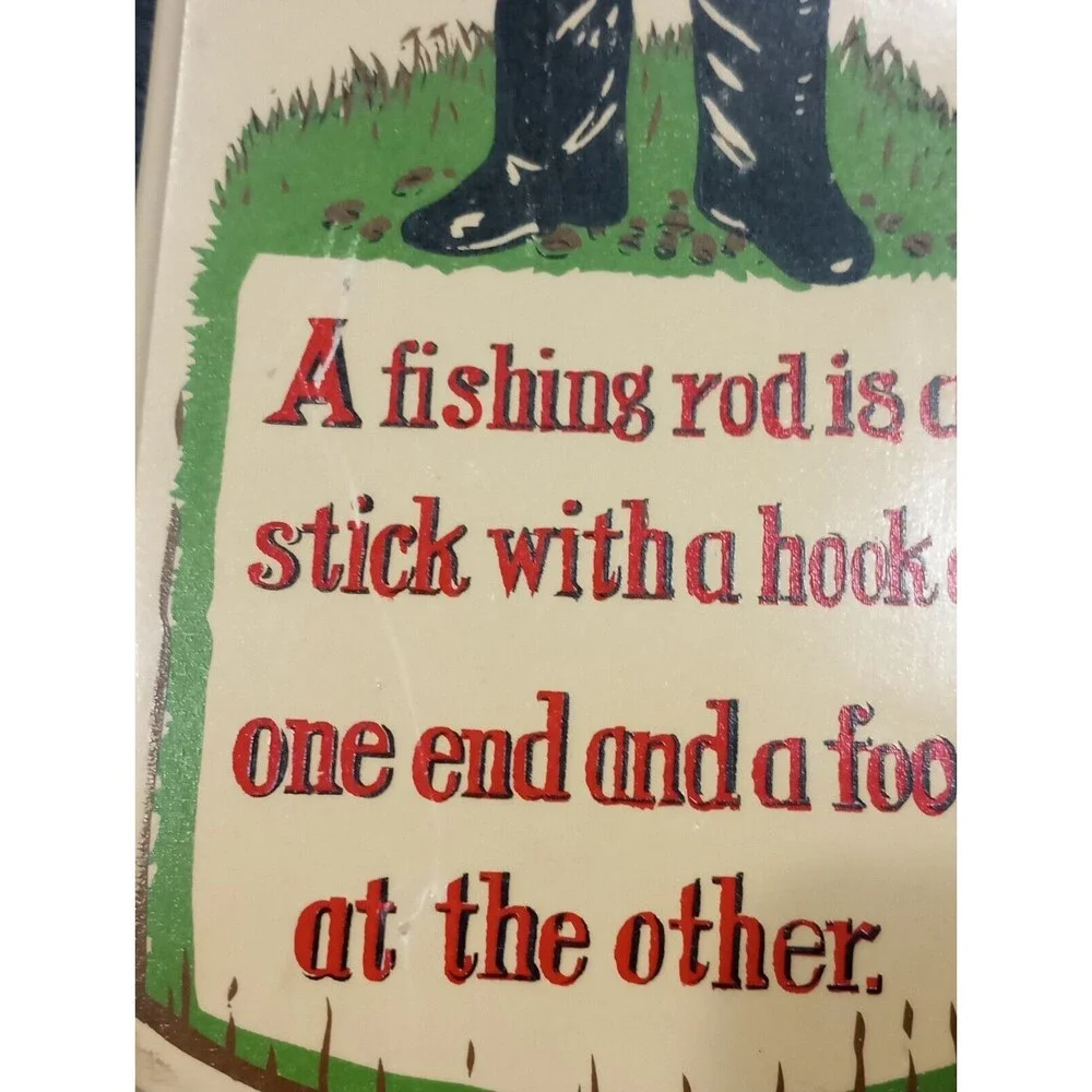 Vintage  1950s V.G. Hand Painted Wood Fisherman Fishing Sign Made in Japan